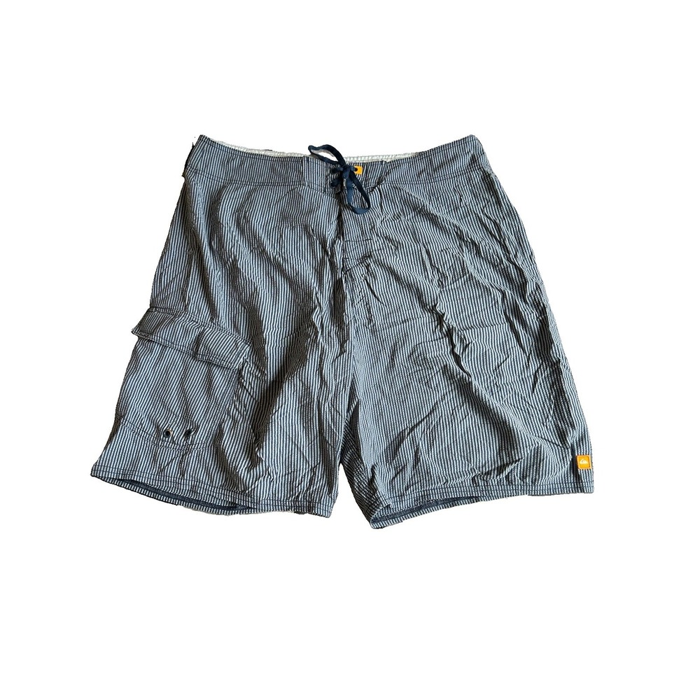 Vintage Quiksilver Size 36 Blue Swim Trunks Seersucker Nylon Stretch Stripe